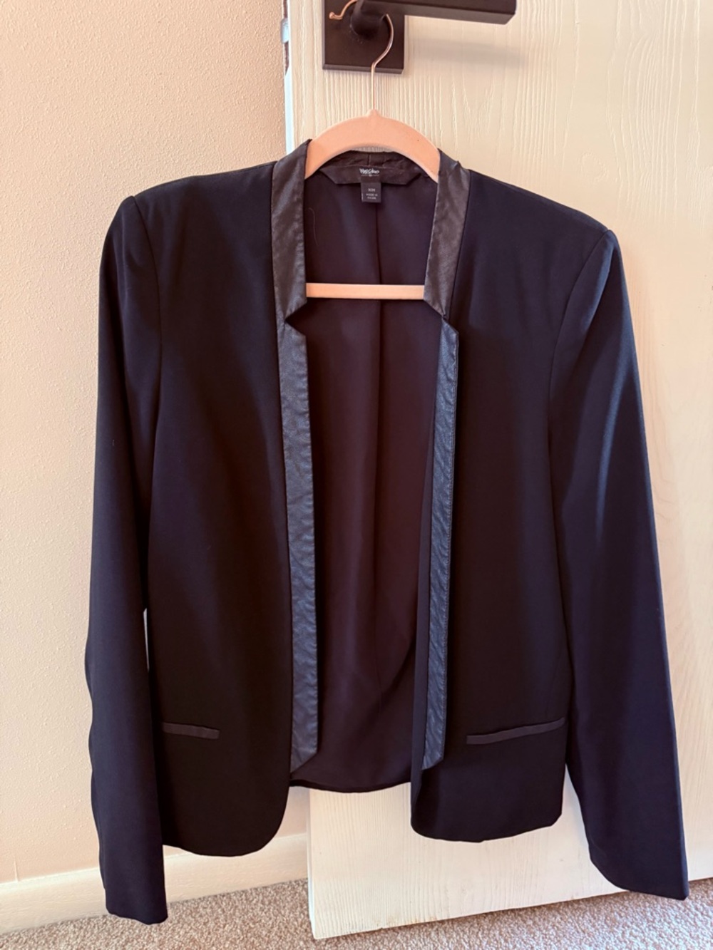 Black Open-Front Blazer with Faux Leather Trim